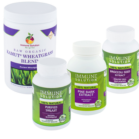 Brain Health Pack: Shilajit (Purified), Raw Organic Kamut® Wheatgrass Blend (large), Pine Bark Extract, Broccoli Seed Extract