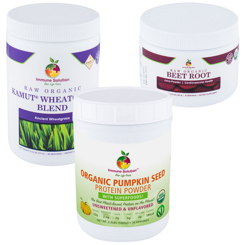 Complete Health Survival Pack: Raw Organic Beet Root – Juice Powder,  Raw Organic Kamut® Wheatgrass Blend – Juice Powder (large), Organic Pumpkin Seed Protein Powder (with Superfoods!)