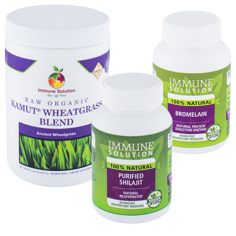 Gut Health Pack: Shilajit (Purified), Bromelain, Raw Organic Kamut® Wheatgrass Blend (large)