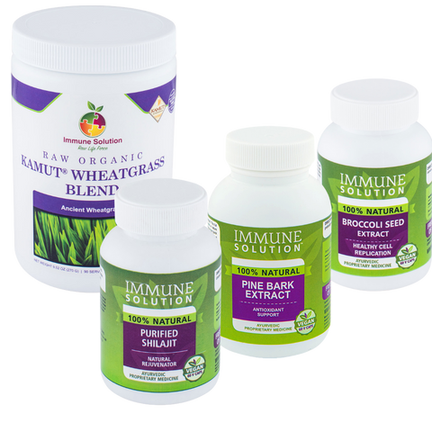 Brain Health Pack: Shilajit (Purified), Raw Organic Kamut® Wheatgrass Blend (large), Pine Bark Extract, Broccoli Seed Extract